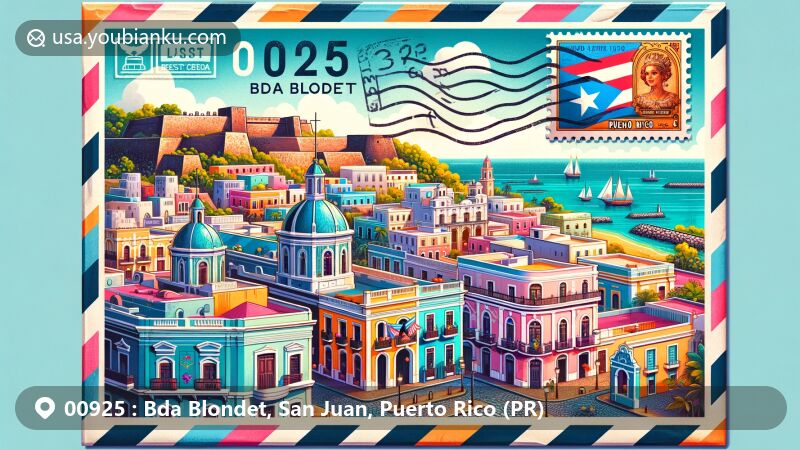 Modern illustration of Bda Blondet, San Juan, Puerto Rico, depicting Old San Juan with landmarks like Castillo San Felipe del Morro, colorful streets, and San Juan Cathedral, blending historical charm with postal elements.