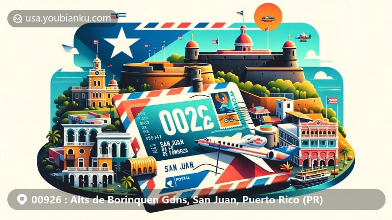 Vibrant illustration of San Juan, Puerto Rico, featuring iconic cultural landmarks like Castillo San Felipe del Morro and La Fortaleza, with a central airmail envelope highlighting ZIP code 00926 and surrounding postal elements.