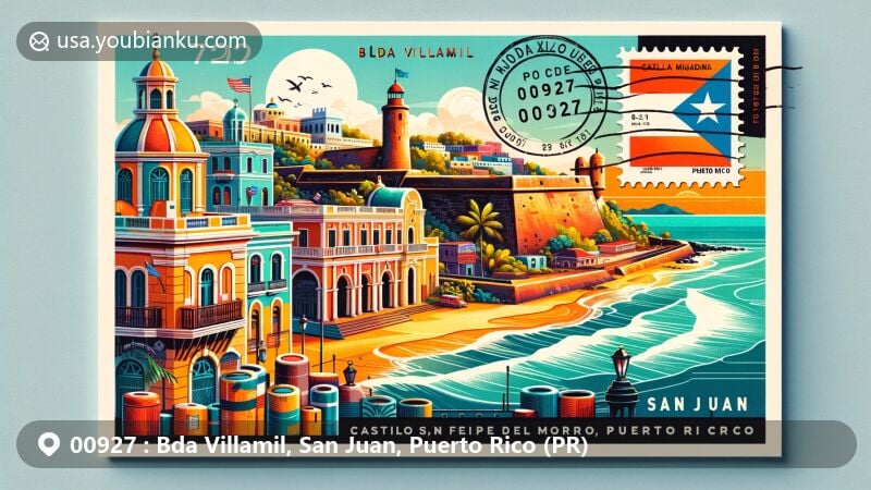 Modern illustration of San Juan, Puerto Rico, capturing iconic landmarks including Castillo San Felipe del Morro, with background of Castillo San Cristóbal and Capilla del Cristo, featuring Santa María Magdalena de Pazzis Cemetery. Infused with Puerto Rican cultural elements like colorful colonial architecture and artistic flag representation, along with postal theme showcasing ZIP code 00927.
