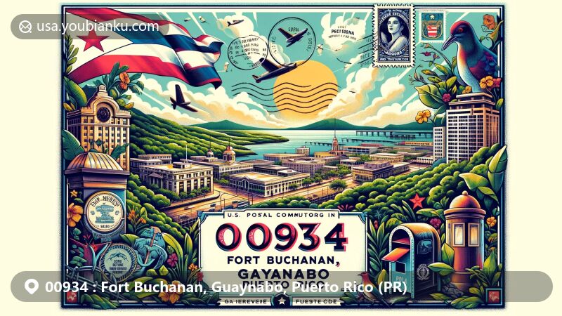 Modern illustration of Fort Buchanan and Guaynabo in Puerto Rico, showcasing vibrant postal theme with ZIP code 00934, featuring Central Business District and lush greenery, incorporating flag and coat of arms elements.
