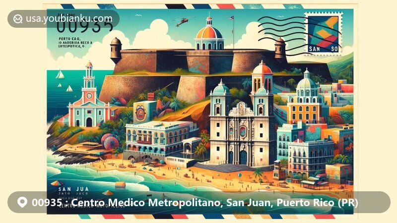 Modern illustration of Centro Medico Metropolitano, San Juan, Puerto Rico, featuring iconic El Morro fortress and San Juan Cathedral, along with Condado and Ocean Park beaches capturing the essence of natural beauty. Includes Puerto Rican cultural elements like vejigante mask and maracas.