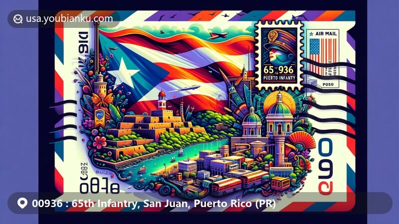 Modern illustration of San Juan, Puerto Rico, showcasing postal theme with ZIP code 00936, featuring iconic landmarks like El Morro Castle and symbols of Puerto Rican identity.