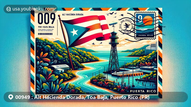 Modern illustration of Alt Hacienda Dorada, Toa Baja, Puerto Rico, showcasing postal theme with ZIP code 00949, featuring coastal and mangrove beauty, La Plata River, Puerto Rican flag, vintage postage stamp, and radar installation at Punta Salinas.