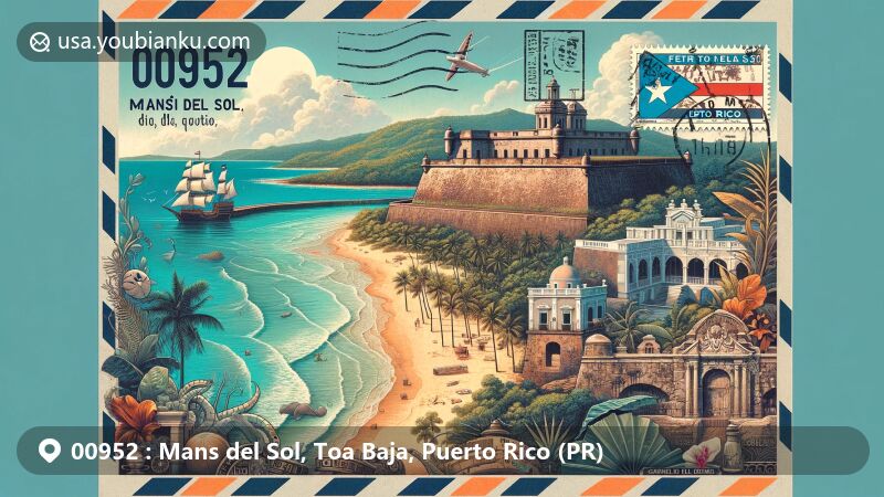 现代插图，展示波多黎各托阿巴哈曼斯德尔索尔（Mans del Sol）区的航空邮件信封，描绘圣胡安德拉克鲁斯堡（Fortín San Juan de la Cruz）和海滩景观，包括卡布拉斯岛（Isla de Cabras）和圣菲利普德尔莫罗城堡（Castillo San Felipe del Morro），还有圣塔埃琳娜庄园（Hacienda Santa Elena）遗址、甘蔗田和红树林。