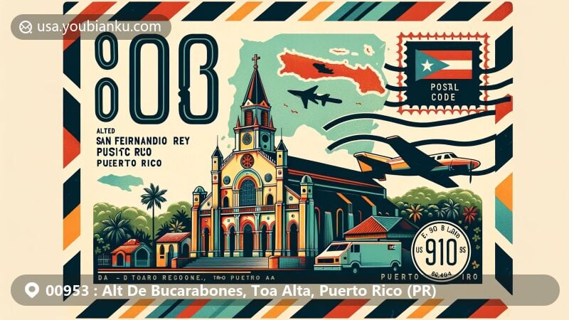 Modern illustration of Alt De Bucarabones, Toa Alta, Puerto Rico, featuring vintage airmail envelope with ZIP code 00953, showcasing San Fernando Rey Parish Church and stylized Puerto Rican flag.