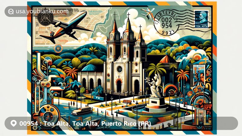 Modern illustration of Toa Alta, Toa Alta, Puerto Rico, showcasing postal theme with ZIP code 00954, featuring Parroquia San Fernando Rey church, 'Bala de Cañón' tree, and Tomás 'Maso' Rivera's statue, surrounded by lush greenery and town map outline.