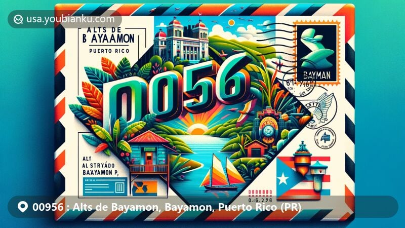 Modern illustration of Alts de Bayamon, Bayamon, Puerto Rico, featuring a colorful airmail envelope design with ZIP code 00956. The collage inside includes key landmarks like the Bayamon River, sugarcane fields, and Taino heritage, along with postal elements such as a vintage stamp and mailbox.