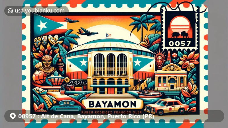 Vibrant depiction of Bayamon, Puerto Rico, showcasing postal theme with ZIP code 00957, featuring Ruben Rodriguez Coliseum, Museo Francisco Oller, Taino people, palm trees, and Puerto Rican flag stamp.