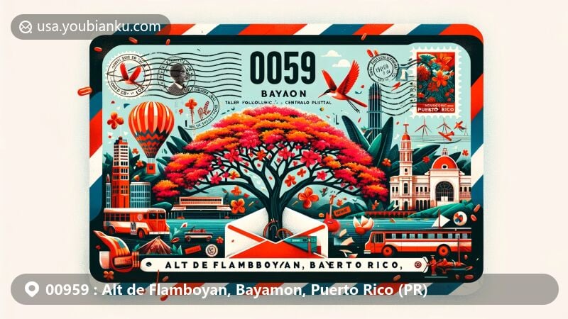 Modern illustration of Alt de Flamboyan, Bayamon, Puerto Rico, featuring a wide airmail envelope with stamps, postmarks, and ZIP code 00959. Prominently displays landmarks and cultural elements: the iconic Flamboyan tree representing Puerto Rico's rich heritage, folk music, dance, and historical sugarcane plantations.