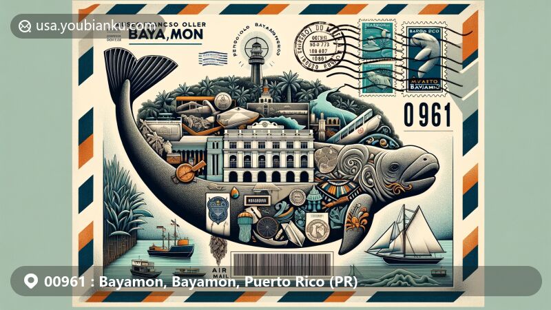 Modern illustration of Bayamon, Puerto Rico, featuring creative air mail envelope design with prominent ZIP code 00961, showcasing Museo Francisco Oller, sugarcane plantations, Taíno heritage, and chicharrón, set against Bayamon map outline.