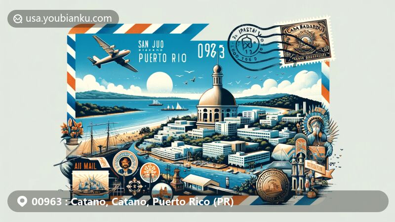 Modern illustration of Cataño, Puerto Rico, featuring postal theme with ZIP code 00963, showcasing scenic views of San Juan Bay and urban environment of Cataño. The foreground highlights an airmail envelope with stamps depicting the iconic Bacardi distillery, symbolizing Cataño's significance, incorporating cultural and historical elements like patron saint festivals and local art, reflecting the rich heritage of Cataño.