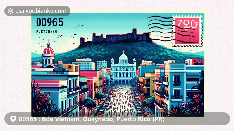 Modern illustration of the central plaza of Guaynabo, Puerto Rico, featuring vibrant scenes of the Bda Vietnam community, with Caparra ruins in the background and highlighting the postal theme with ZIP code 00965 and Puerto Rican postmark.