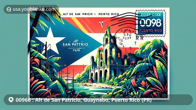 Modern illustration of Alt de San Patricio, Guaynabo, Puerto Rico, showcasing Caparra Ruins, lush tropical vegetation, and Puerto Rican flag, with postal elements including stamp, postmark, and ZIP code 00968.
