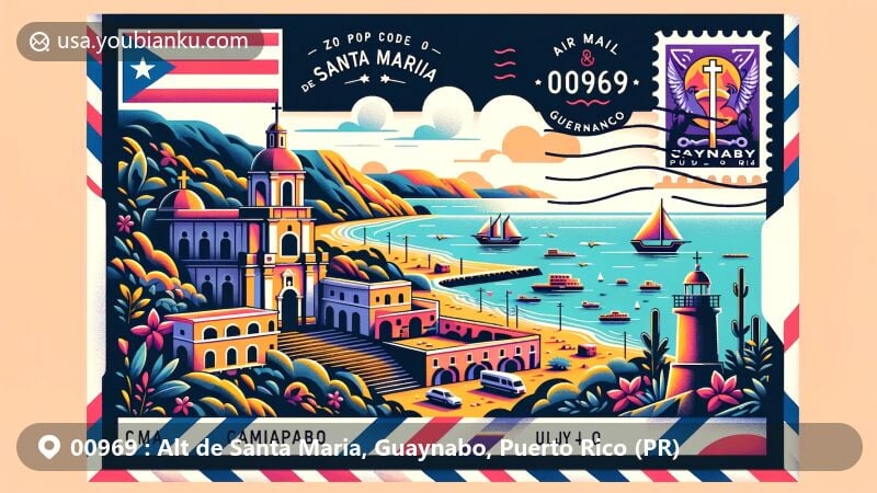 Modern illustration showcasing Alt de Santa Maria, Guaynabo, Puerto Rico, with Caparra Ruins and municipal coat of arms, postal elements with ZIP code 00969, contemporary style, 1792x1024 pixels.