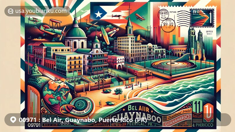 Modern illustration of Bel Air, Guaynabo, Puerto Rico, featuring vibrant postcard design with Caparra Ruins Museum and Historical Park, showcasing Irish heritage and town square.