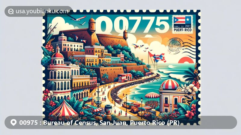 Vibrant illustration of San Juan, Puerto Rico, showcasing El Morro and San Cristóbal fortresses in the ZIP code 00975 area, featuring Calle Fortaleza and cultural elements of Puerto Rico.