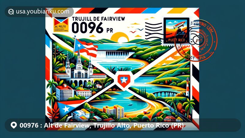 Modern illustration of Alt de Fairview, Trujillo Alto, Puerto Rico, featuring postal theme with ZIP code 00976, showcasing key landmarks and cultural elements like Carraízo Dam, Loíza Lake, and lush green landscapes.