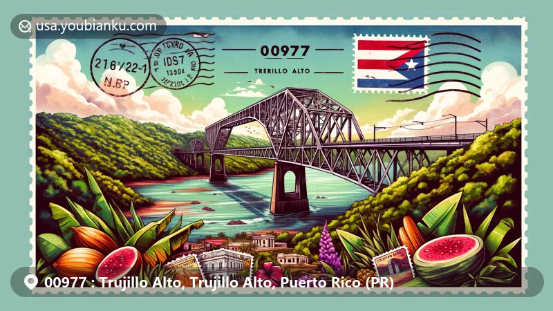 Modern illustration of Puente de Trujillo Alto in Trujillo Alto, Puerto Rico, representing postal theme with ZIP code 00977, featuring Puerto Rican flag, Macabeo food, and steel bridge. Vibrant cultural fusion in lush natural setting.