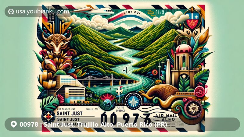 Modern illustration of Saint Just, Trujillo Alto, Puerto Rico, featuring a wide-format airmail envelope with ZIP code 00978, showcasing Río Grande de Loíza, Carraízo Dam, lush green mountains, stylized coat of arms, local culinary specialties, and festive elements.