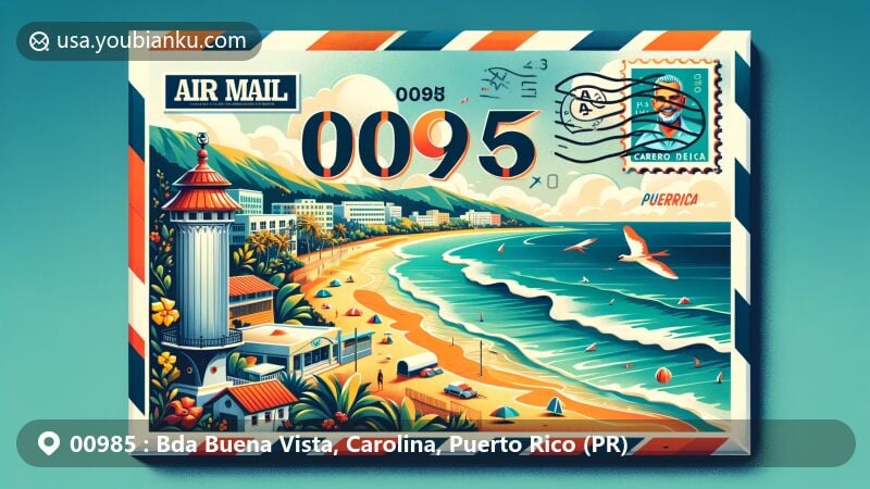 Modern illustration of Bda Buena Vista, Carolina, Puerto Rico, capturing Isla Verde Beach, notable residents like Don Felipe Birriel González and Roberto Clemente, and postal elements with ZIP code 00985.