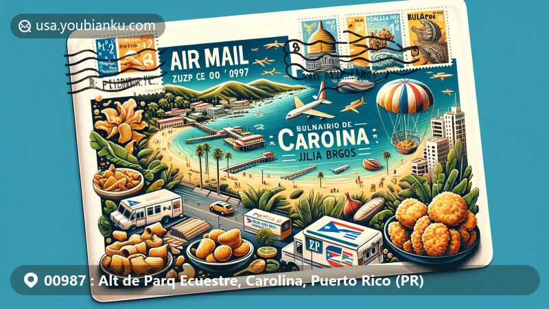 Modern illustration of Carolina, Puerto Rico, highlighting postal theme with ZIP code 00987, featuring Isla Verde Beach, Julia de Burgos Park, Balneario de Carolina, local delicacies, stamps, and postal elements.