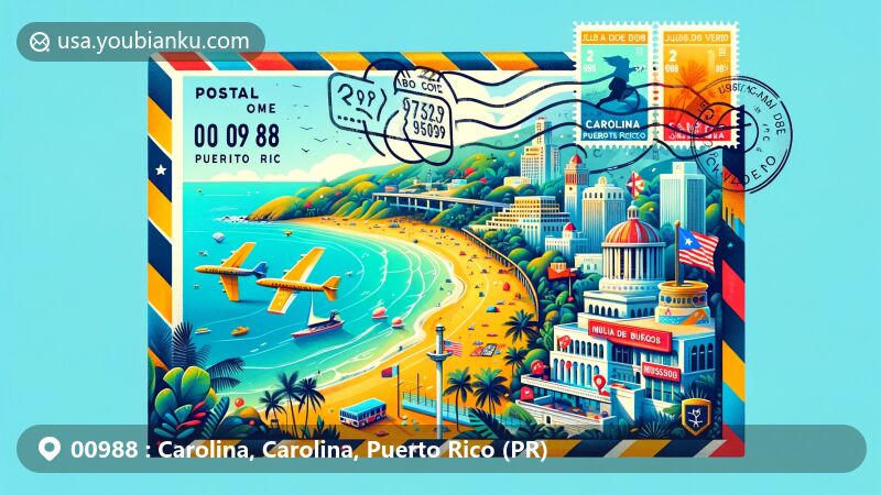 Modern illustration of Carolina, Puerto Rico, with postal theme showcasing ZIP code 00988, featuring Isla Verde Beach, Julia de Burgos Park, and Museo del Niño de Carolina.