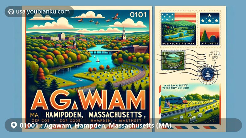 Modern illustration of Agawam, Hampden, Massachusetts, featuring scenic Robinson State Park, Massachusetts Veterans' Memorial Cemetery, and Connecticut River. Airmail-themed side shows Agawam Veterans' Memorial stamp, postal cancellation mark '01001', traditional mailbox, and mail delivery vehicle.