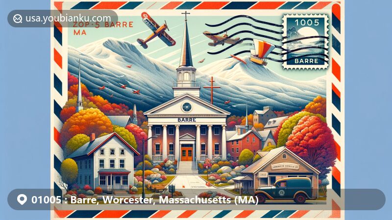 Modern illustration of Barre, Worcester County, Massachusetts, featuring Barre Cross historic landmark surrounded by natural beauty, including seasonal foliage and snow-capped mountains, set in a 1836 Greek Revival building, all within an airmail envelope design with postal elements.
