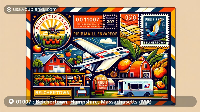 Modern illustration of Belchertown, Hampshire, Massachusetts (MA), featuring postal theme with ZIP code 01007, showcasing Phoenix Fruit Farm and Jessica's Boundless Playground.