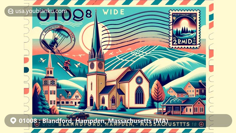 现代插图展示了马萨诸塞州汉普登县的布兰福德镇，突出了邮政编码为01008的主题，包括布兰福德滑雪区、长老会教堂和新英格兰建筑风格。
