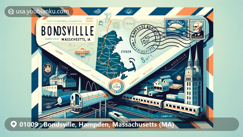 Modern illustration of Bondsville, MA airmail envelope with postal theme, featuring ZIP code 01009, tribute to Emelius Bond, and Hampden Railroad silhouette.