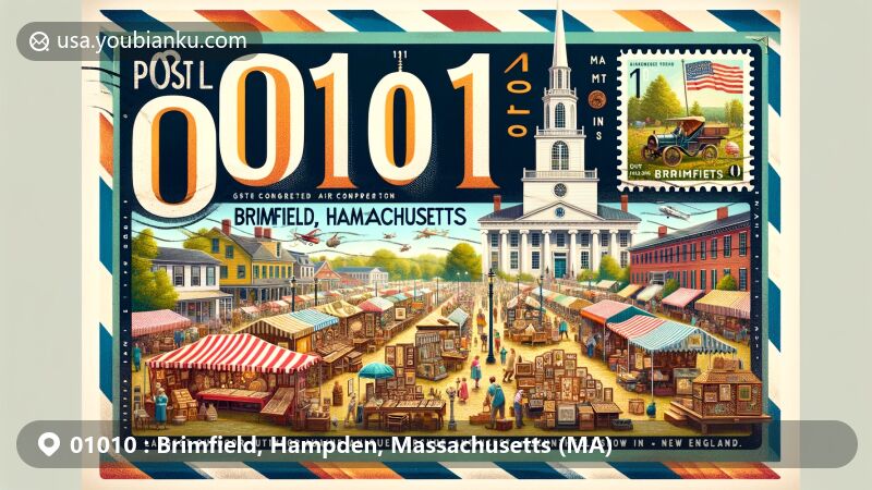 现代插画风格描绘了马萨诸塞州汉普登县布里姆菲尔德（邮政编码01010）的景观。画面展示了类似老式航空邮件信封的设计，突出显示邮政编码