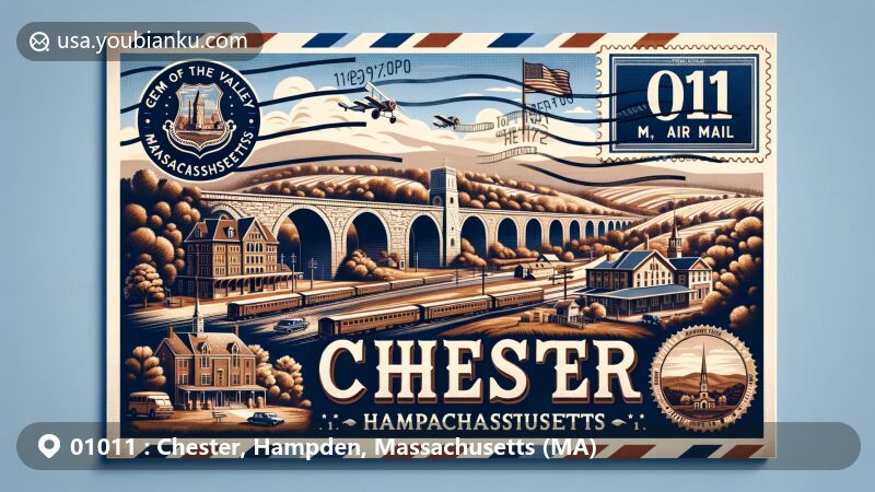 Modern illustration of Chester, Hampden County, Massachusetts, featuring iconic Keystone Arches, Chester Railway Station, and natural landscapes, with Massachusetts state flag in the background and postal theme including 'Gem of the Valley' stamp and 'Chester, MA 01011' postmark.