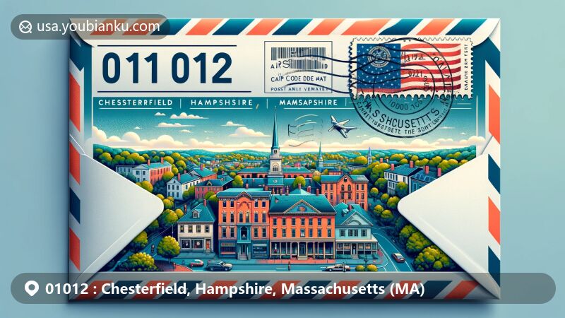Modern illustration of Chesterfield, Hampshire, Massachusetts (MA), featuring air mail envelope with postage stamp showing the flag of Massachusetts, highlighting ZIP code 01012 and historic town center along Main Road.