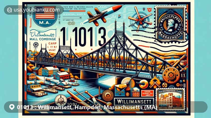 Modern illustration of Willimansett, Hampden County, Massachusetts, showcasing postal theme with ZIP code 01013, featuring iconic Willimansett Bridge and symbols of Chicopee's industrial history.
