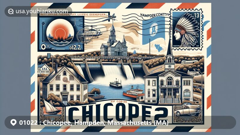 Modern illustration of Chicopee, Hampden, Massachusetts, showcasing postal theme with ZIP code 01022, featuring Chicopee Falls Dam, Saint Stanislaus Basilica, Queen Anne style houses, and Massachusetts state flag.