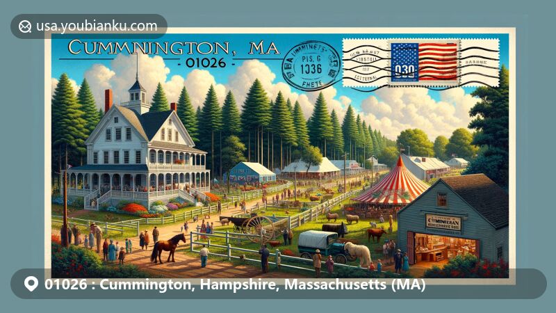 Modern illustration of Cummington, Massachusetts, showcasing William Cullen Bryant Homestead, Kingman Tavern Historical Museum, and Cummington Fair scene, reflecting community spirit and postal elements.