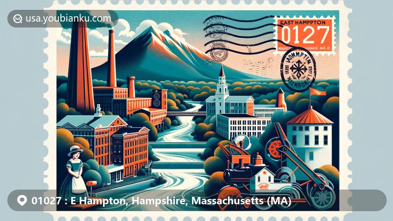 Creative postcard design representing East Hampton, Hampshire, Massachusetts, showcasing Mount Tom Range, textile mills, doll manufacturing history, and artistic interpretation of the Manhan River.