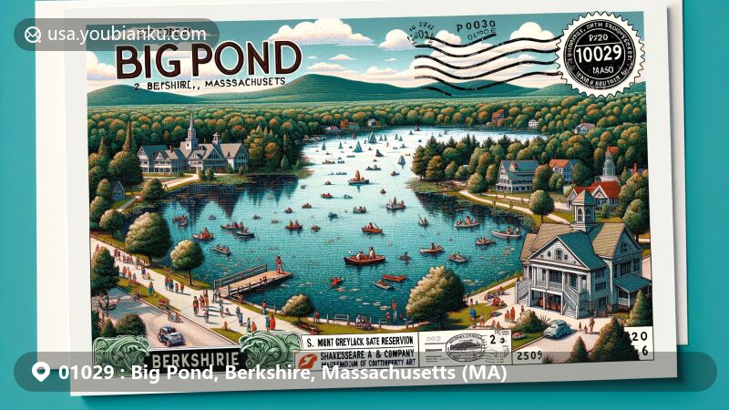 Modern illustration of Big Pond, Berkshire, Massachusetts, capturing the beauty of Big Pond lake popular for boating, fishing, and water recreation, featuring Mount Greylock State Reservation, Shakespeare & Company, and MASS MoCA landmarks.