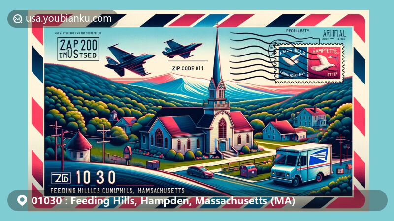 Modern illustration of Feeding Hills, Hampden, Massachusetts, capturing Feeding Hills Congregational Church and Provin Mountain in a contemporary airmail envelope style with postal elements and ZIP code 01030.