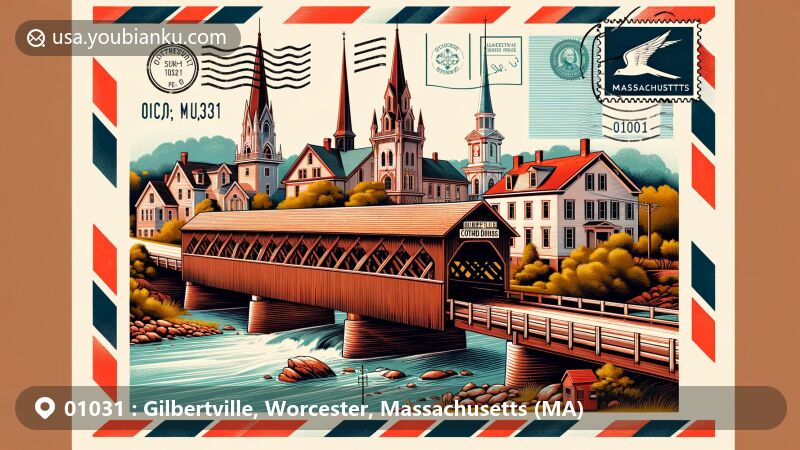 Modern illustration of Gilbertville, Massachusetts, highlighting historic district and covered bridge, featuring architectural styles of late 19th and 20th century revival, late Victorian, and Gothic revival, along with iconic wooden covered bridge. Design reminiscent of a postcard or airmail envelope with postal theme including postmark, stamp, and '01031' ZIP Code, incorporating symbols of Massachusetts like state flag and postal elements such as mailbox and mail truck, emphasizing postal and geographical features of the area.