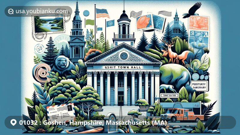 Modern illustration of Goshen, Massachusetts, featuring Goshen Town Hall in classical revival style, natural beauty of D.A.R. State Forest, and artistic & natural elements of Three Sisters Sanctuary, incorporating postal theme with postcards, stamps, postmarks, and ZIP Code 01032.