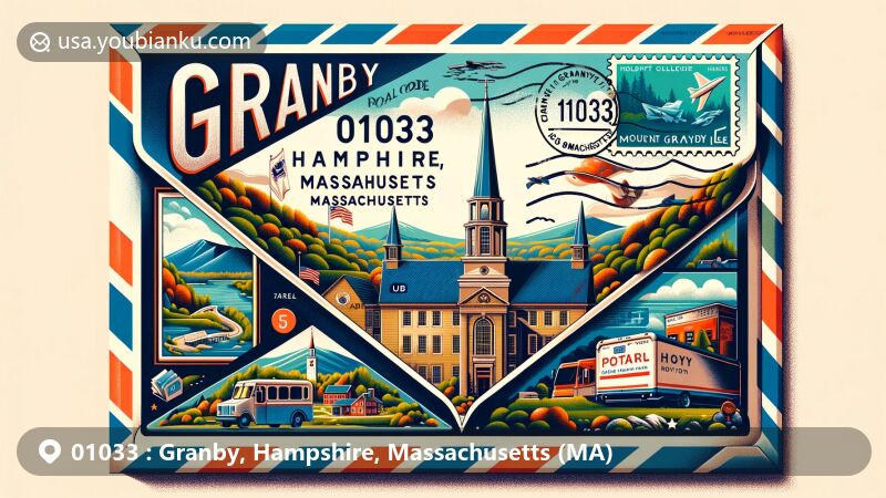 Illustration of Granby, Hampshire, Massachusetts, showcasing postal theme with ZIP code 01033, featuring Mount Holyoke College and the Holyoke Range, and incorporating Massachusetts state symbols.