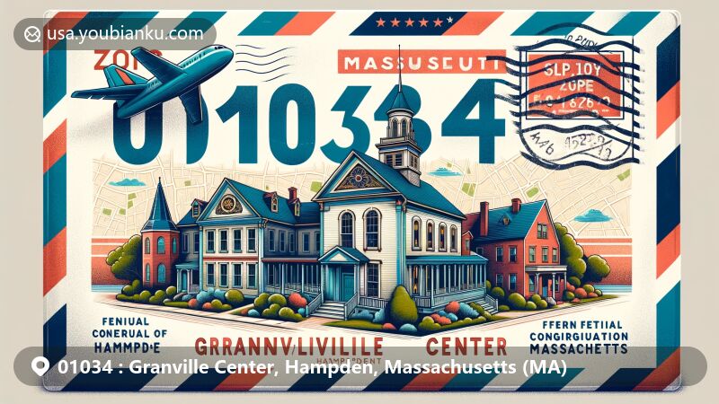 Vintage illustration of Granville Center, Hampden, Massachusetts, showcasing postal theme with ZIP code 01034, featuring historic Congregational church, Federal and Greek Revival style residences, and Massachusetts state symbols.