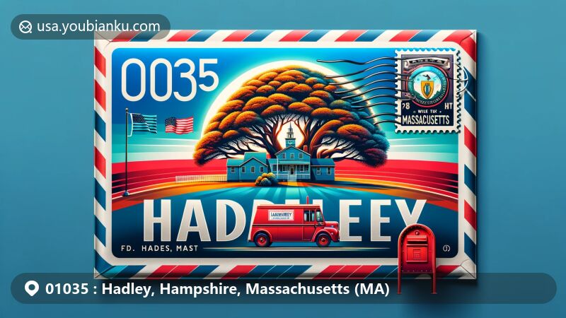 Modern illustration of Hadley, Massachusetts, depicting a creative air mail envelope with iconic Hampshire Tree, Massachusetts state flag, vintage red mailbox, mail truck, and postage stamp featuring ZIP code 01035.