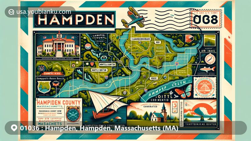 Vintage-style illustration of Hampden, Hampden County, Massachusetts, depicting a retro air mail envelope with detailed county map and town landmarks like Laughing Brook Wildlife Sanctuary and Minnechaug Mountain Conservation Area.