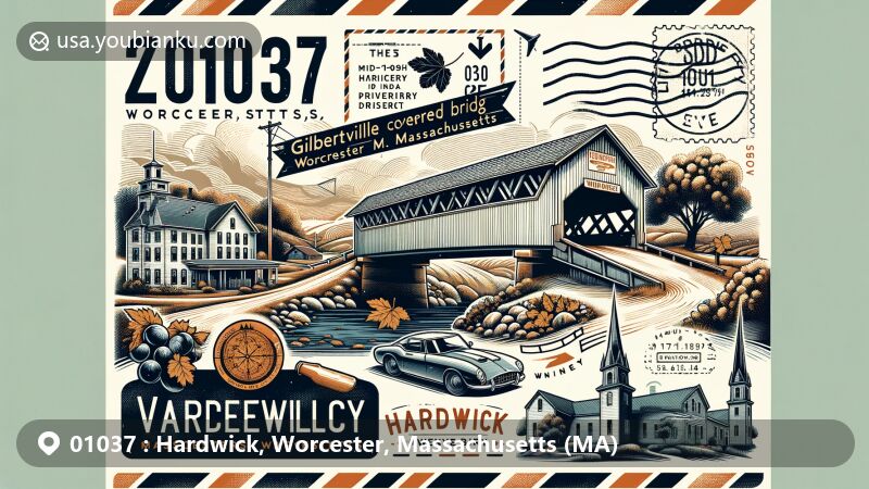 现代插图，展示马萨诸塞州沃斯特县哈德威克（Hardwick）的艺术邮件信封，突出ZIP码01037，呈现Gilbertville Covered Bridge、历史区和当地葡萄酒文化。