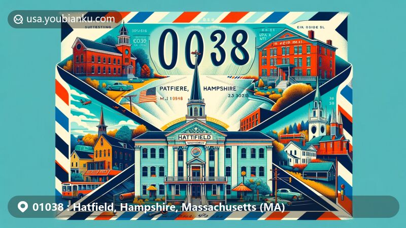 Vintage illustration of Hatfield, Hampshire, Massachusetts, capturing cultural and historical essence with landmarks like Hatfield Historical Museum, Upper Main Street Historic District, and Elm Street Historic District, integrating state pride with Massachusetts silhouette.