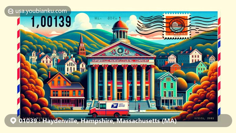 Colorful illustration of Haydenville, Hampshire, Massachusetts, capturing historic Haydenville Manufacturing Company building, Greek Revival houses, Petticoat Hill, Berkshires, and postal elements like stamps, postmark with ZIP code 01039, vintage postal truck.