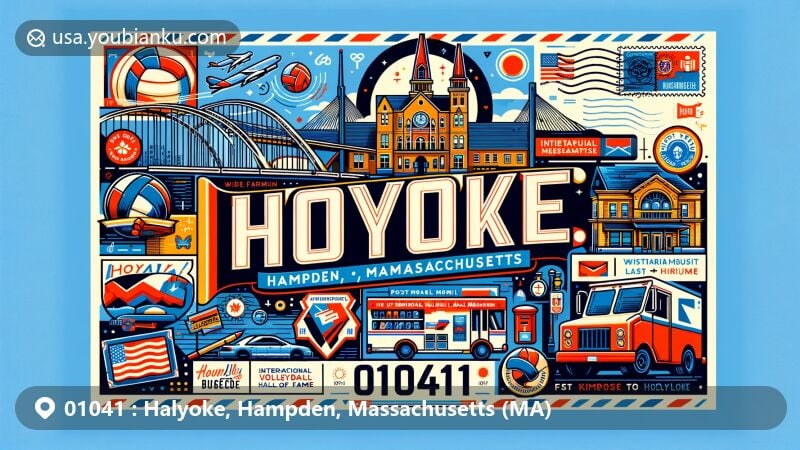 Modern illustration of Holyoke, Hampden, Massachusetts, showcasing postal theme with ZIP code 01041, featuring International Volleyball Hall of Fame, Wistariahurst Museum, and Holyoke Bridge.